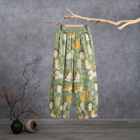 Green Cat Print Harem Loungewear Pants - Green - XL - image 0