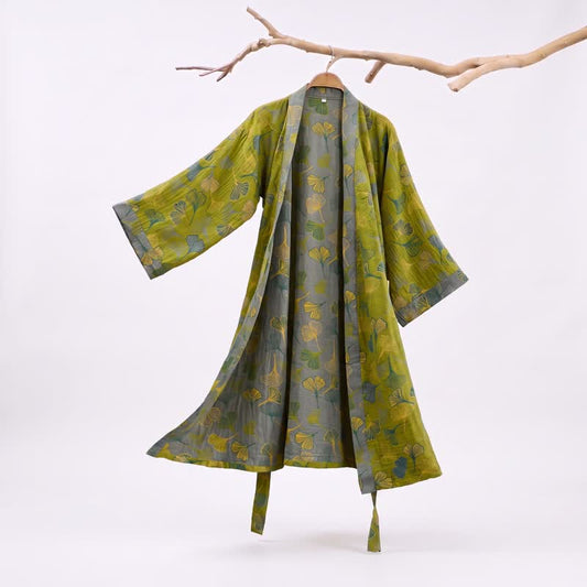 Green Gray Ginkgo Leaf Cotton Kimono Robe - image 0