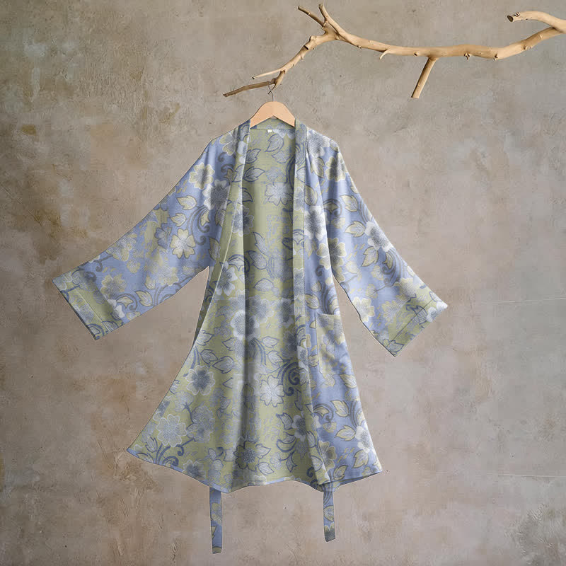 Retro Floral Cotton Kimono Robe - Blue - L - image 0