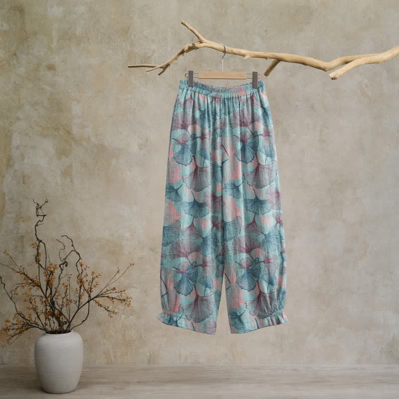 Vintage Ginkgo Leaf Cotton Lounge Pants - image 1