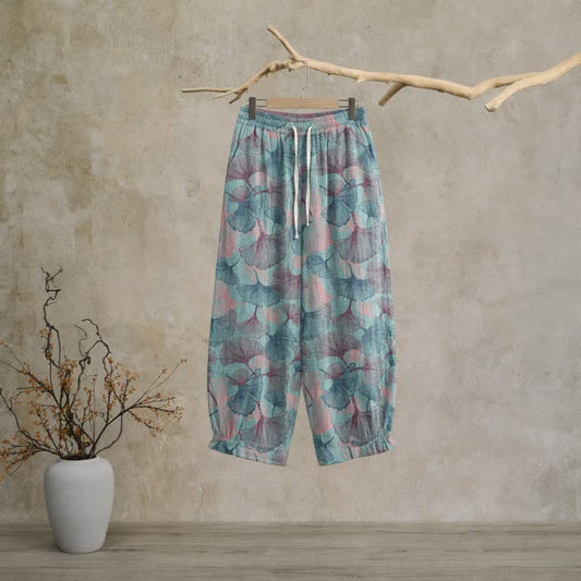 Vintage Ginkgo Leaf Cotton Lounge Pants - Blue - XL - image 0