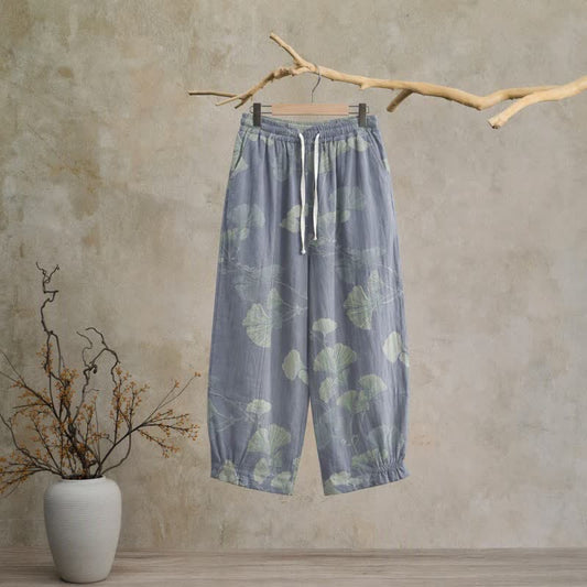 Retro Botanical Ginkgo Leaf Cotton Lounge Pants - Blue - XL - image 0