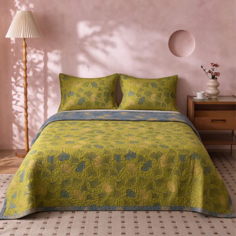Vintage Green Ginkgo Leaf Cotton Bedspread Set - image 3