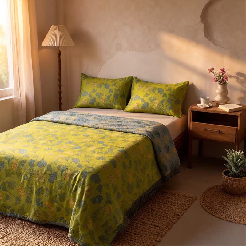 Vintage Green Ginkgo Leaf Cotton Bedspread Set - image 4