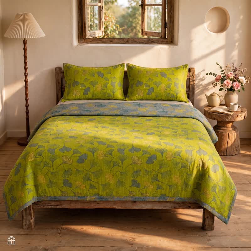 Vintage Green Ginkgo Leaf Cotton Bedspread Set - image 2
