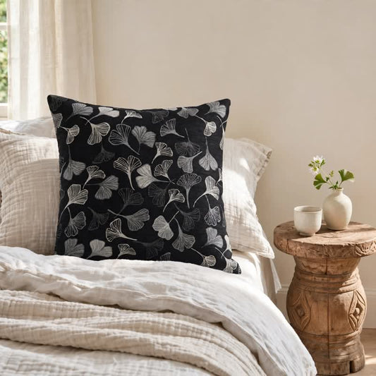 Vintage Black Ginkgo Leaf Throw Pillow - Black - 18" x 18" - With Insert - image 0
