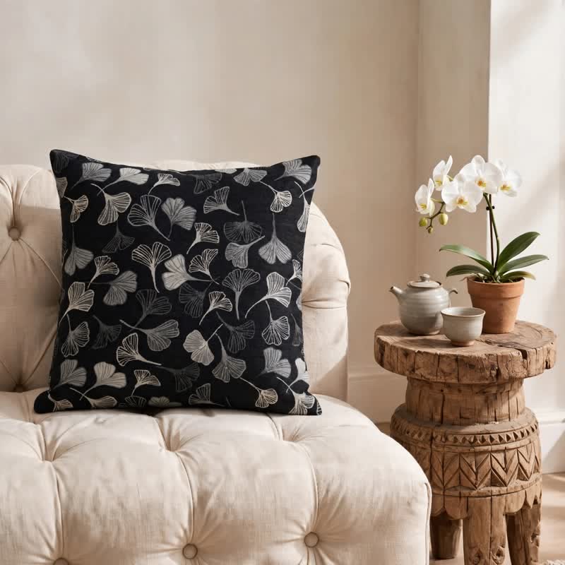 Vintage Black Ginkgo Leaf Throw Pillow - image 2