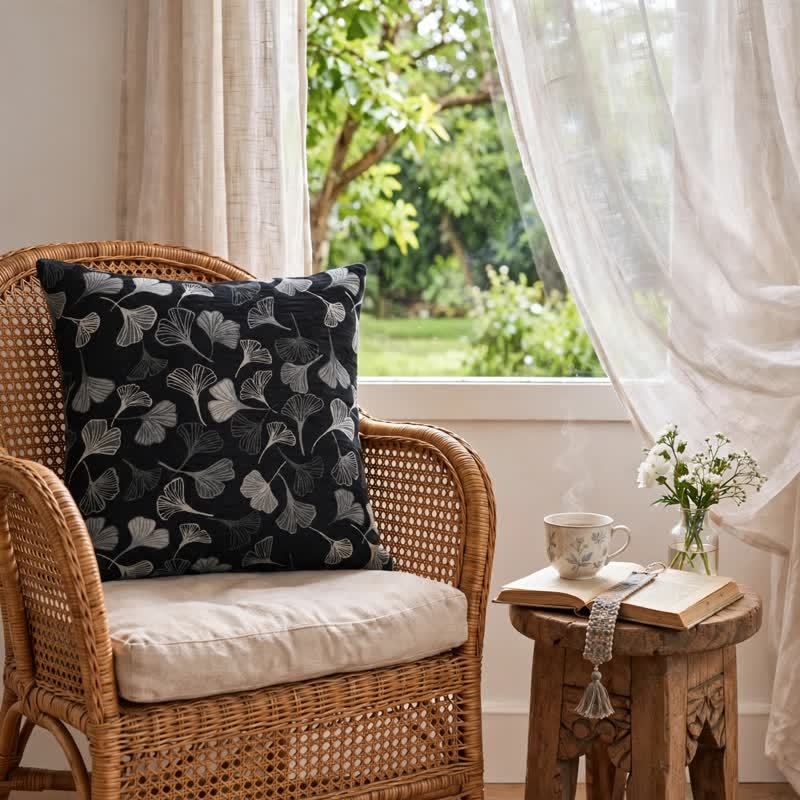 Vintage Black Ginkgo Leaf Throw Pillow - image 3