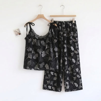 Vintage Ginkgo Leaf Cotton Cami Loungewear Set - Black - XL - image 0