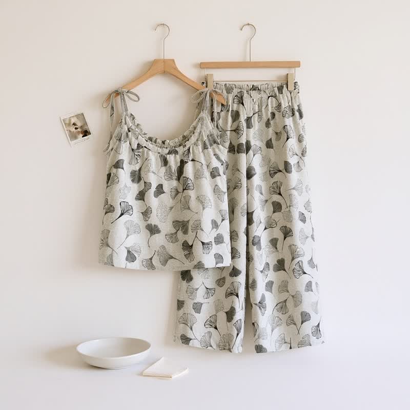 Vintage Ginkgo Leaf Cotton Cami Loungewear Set - White - XL - image 7