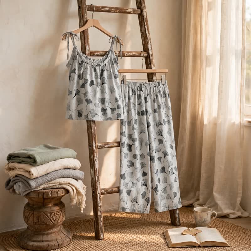 Vintage Ginkgo Leaf Cotton Cami Loungewear Set - image 8