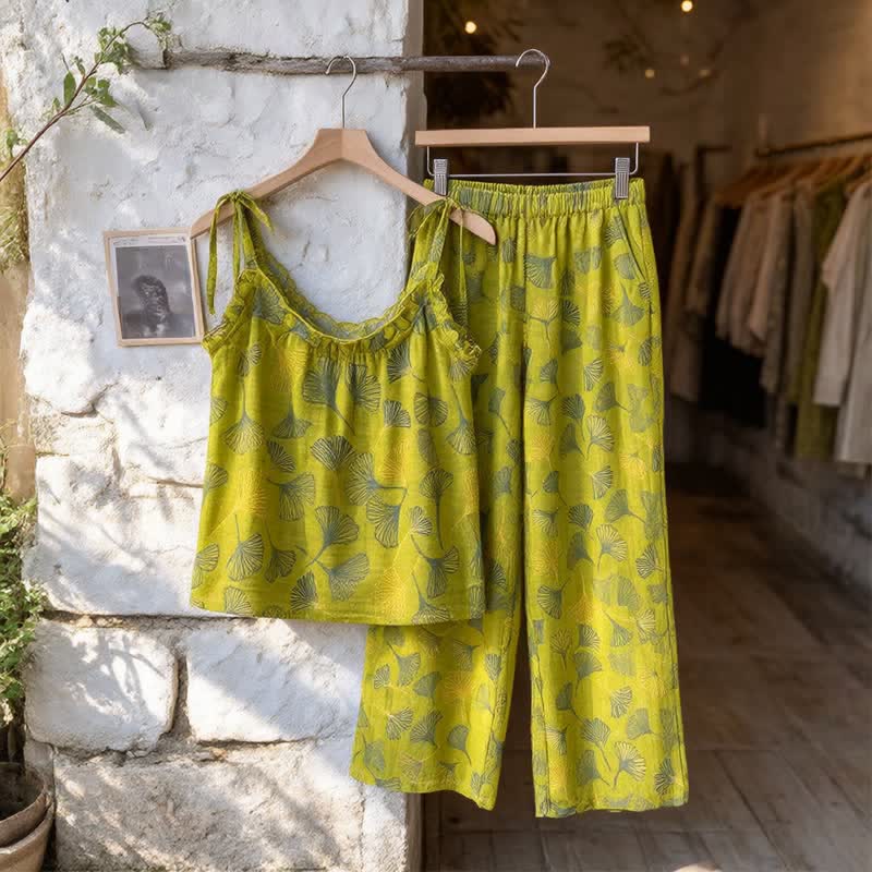 Retro Botanical Ginkgo Leaf Cotton Cami Loungewear Set - image 2