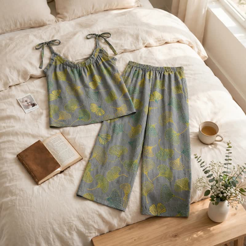 Retro Botanical Ginkgo Leaf Cotton Cami Loungewear Set - image 8