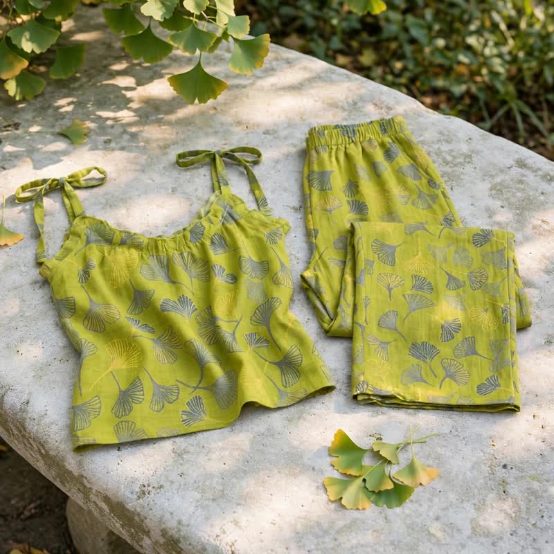 Retro Botanical Ginkgo Leaf Cotton Cami Loungewear Set - image 4