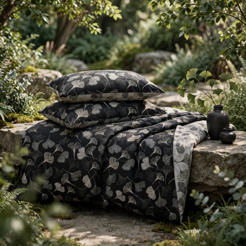 Vintage Black Ginkgo Leaf Reversible Cotton Bedding Set - Black - 2PCS Pillowcases - 40" x 20" - image 5