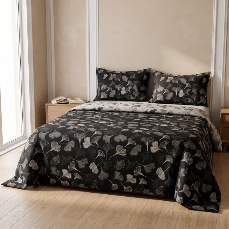 Vintage Black Ginkgo Leaf Reversible Cotton Bedding Set - image 3
