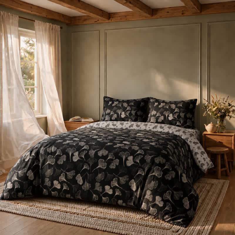 Vintage Black Ginkgo Leaf Reversible Cotton Bedding Set - image 3