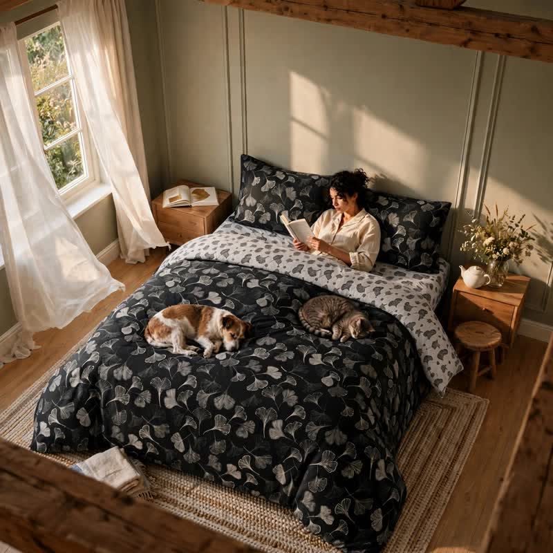 Vintage Black Ginkgo Leaf Reversible Cotton Bedding Set - image 4