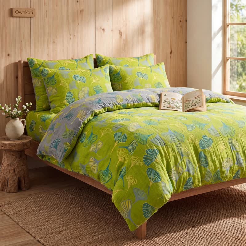 Vintage Green Ginkgo Leaf Cotton Reversible Bedding Set - image 3