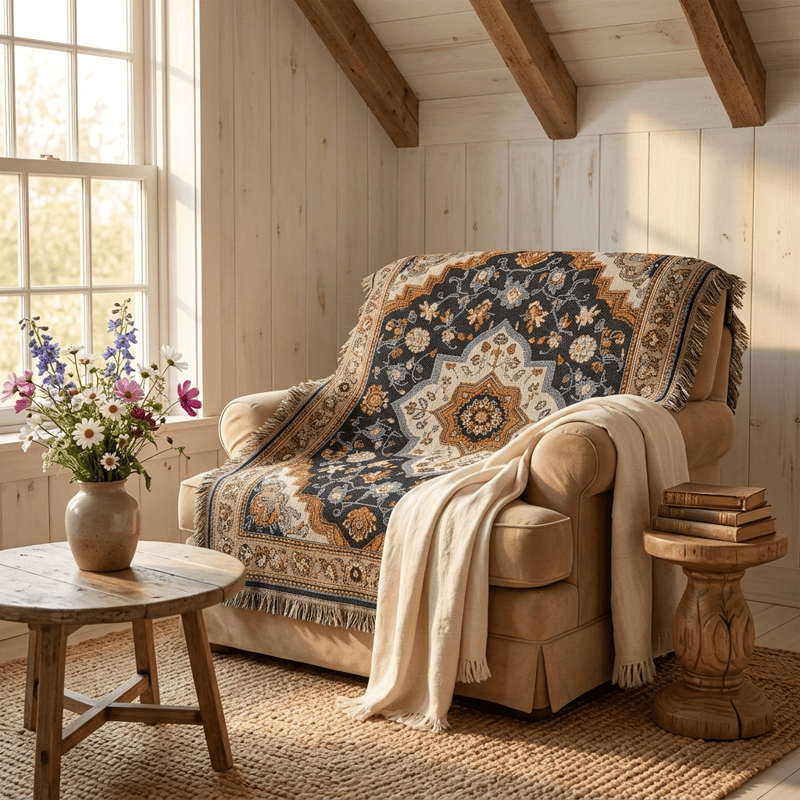 Retro Persian Floral Medallion Fringed Throw Blanket - image 3