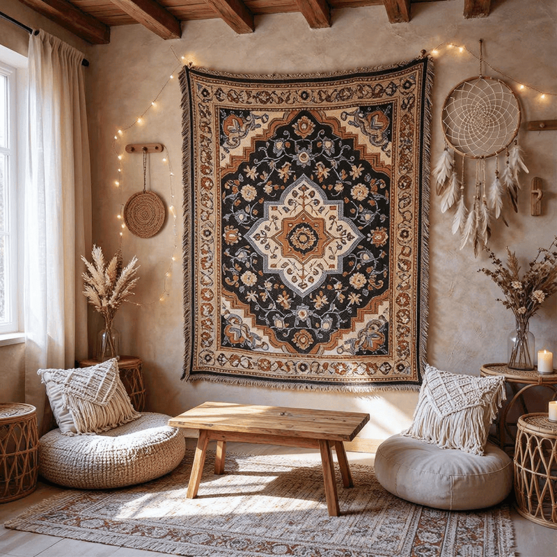 Retro Persian Floral Medallion Fringed Throw Blanket - image 1
