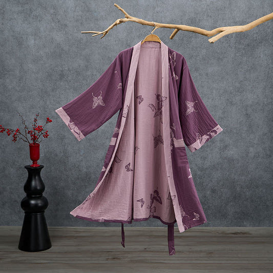 Butterfly Cotton Double Gauze Kimono Robe - Plum Purple - 2XL - image 0