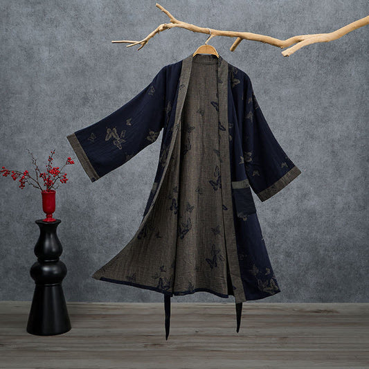 Navy Butterfly Cotton Double Gauze Kimono Robe - Navy - 2XL - image 0