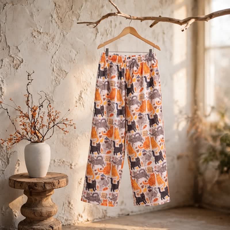 Cartoon Orange Cat Cotton Gauge Lounge Pants - image 1