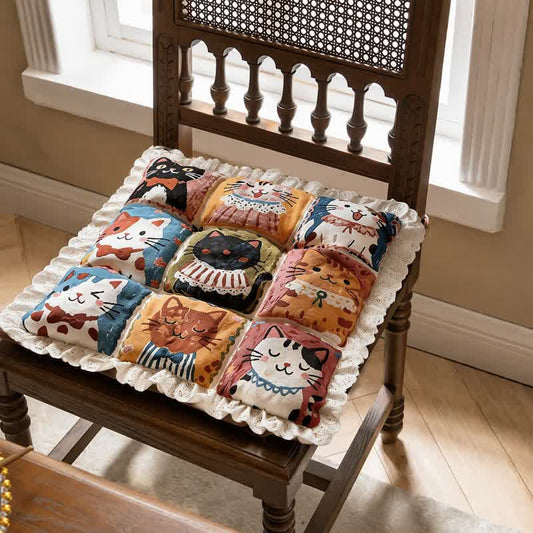 Lace‑Trim Grid‑Cat Cotton Chair Cushion - 16" x 16" - image 0