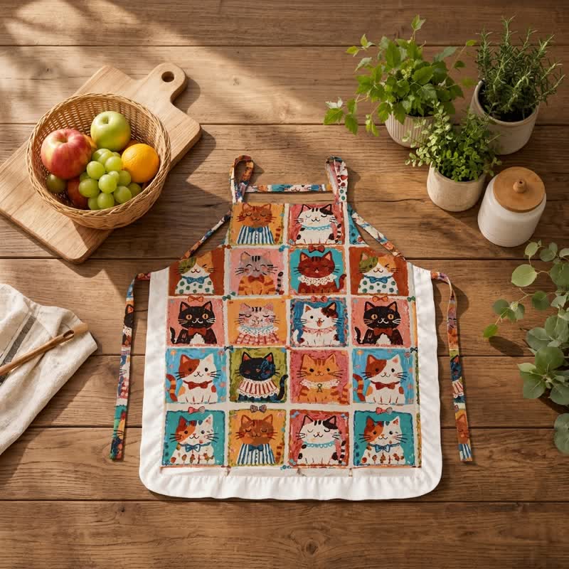 Grid‑Cat Print Cotton Ruffled Cooking Apron - Multicolor - image 0