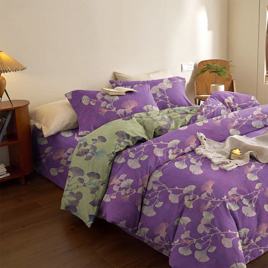 Retro Ginkgo Leaf Cotton Reversible Bedding Set - Purple & Green - Bedding Set（4PCS） - Queen - image 0