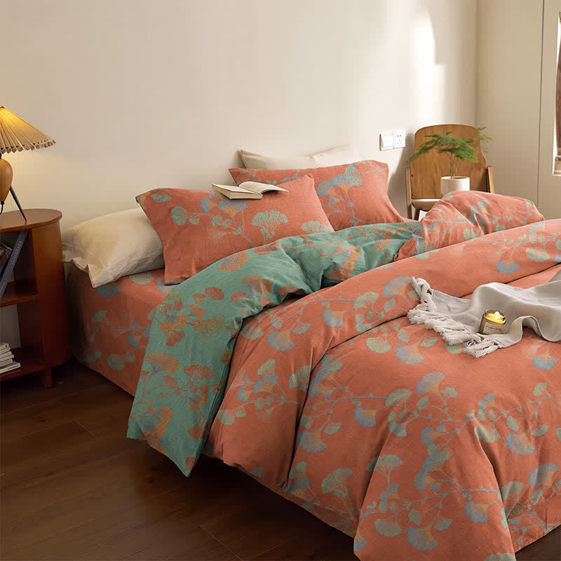 Retro Ginkgo Leaf Cotton Reversible Bedding Set - Red & Green - Bedding Set（4PCS） - Queen - image 18