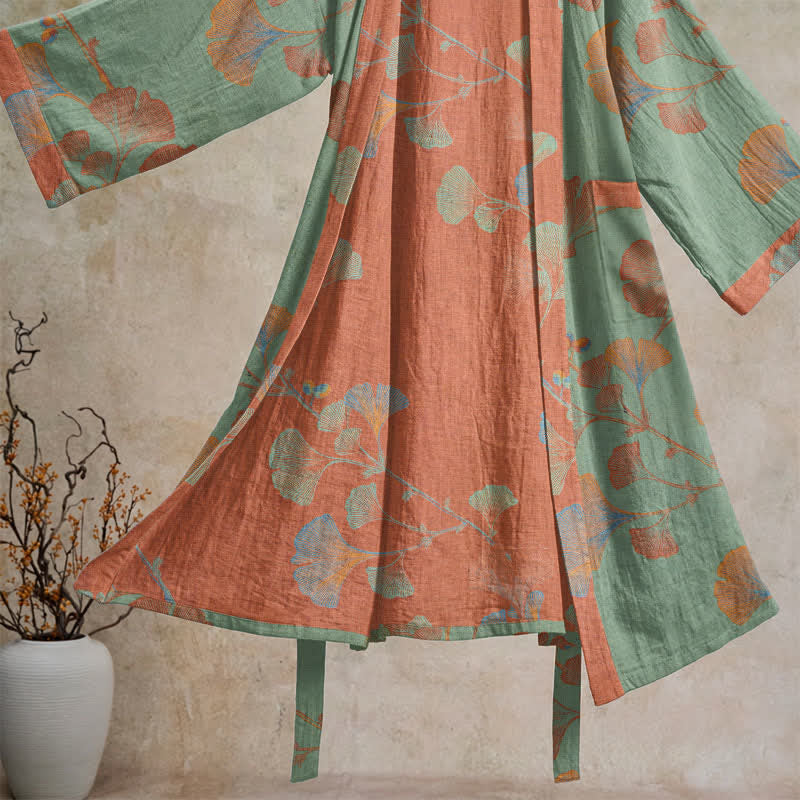 Retro Ginkgo Leaf Cotton Kimono Robe - image 12