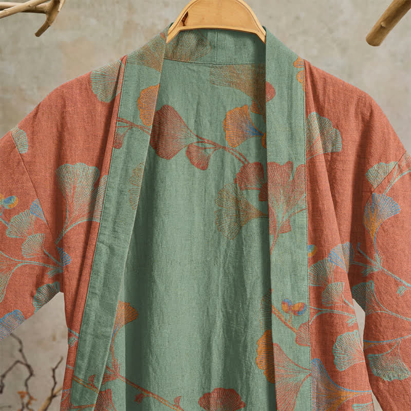 Retro Ginkgo Leaf Cotton Kimono Robe - image 19