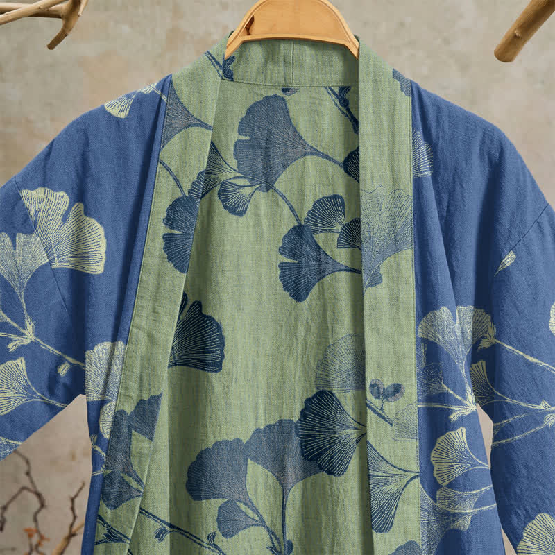 Retro Ginkgo Leaf Cotton Kimono Robe - image 8