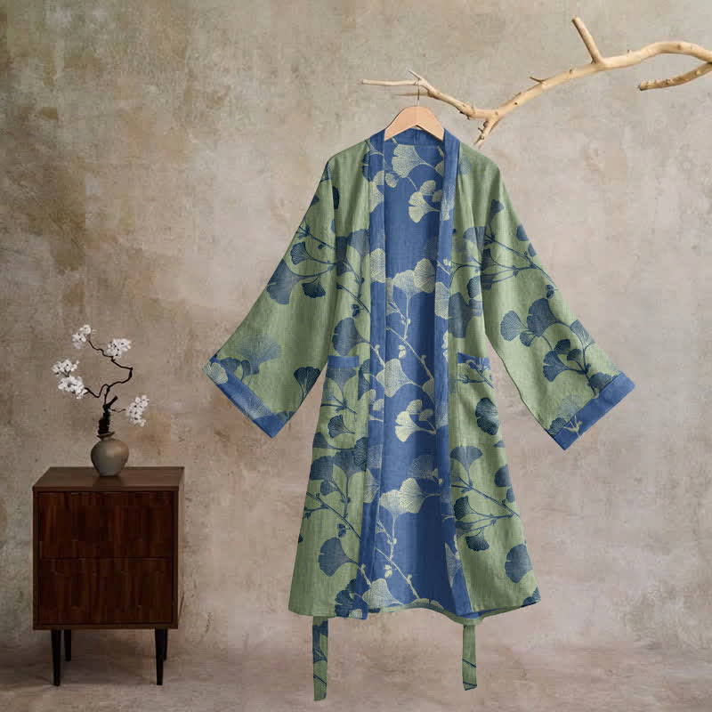 Retro Ginkgo Leaf Cotton Kimono Robe - image 27
