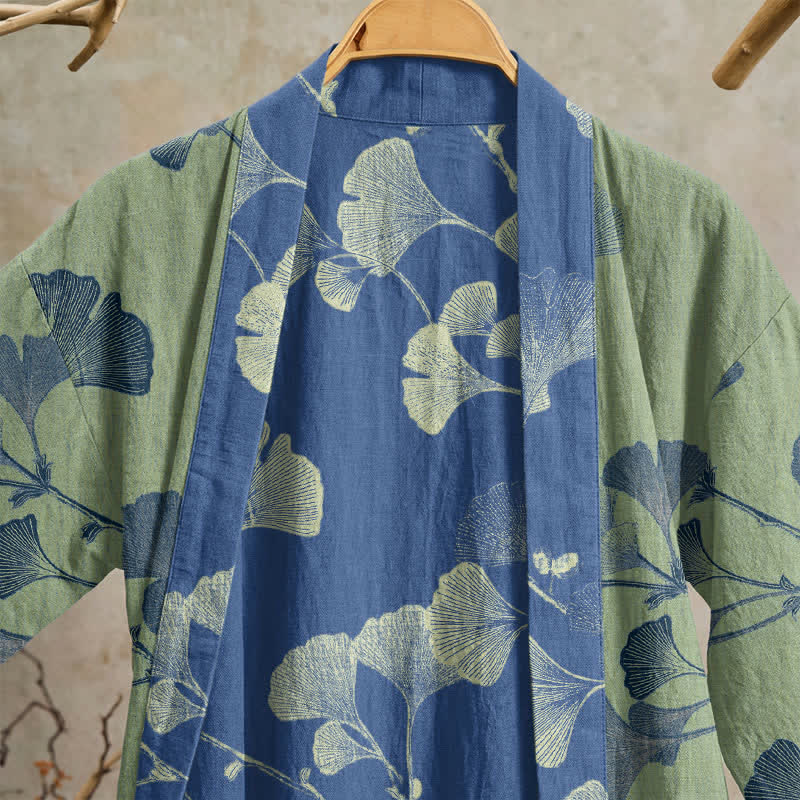 Retro Ginkgo Leaf Cotton Kimono Robe - image 25