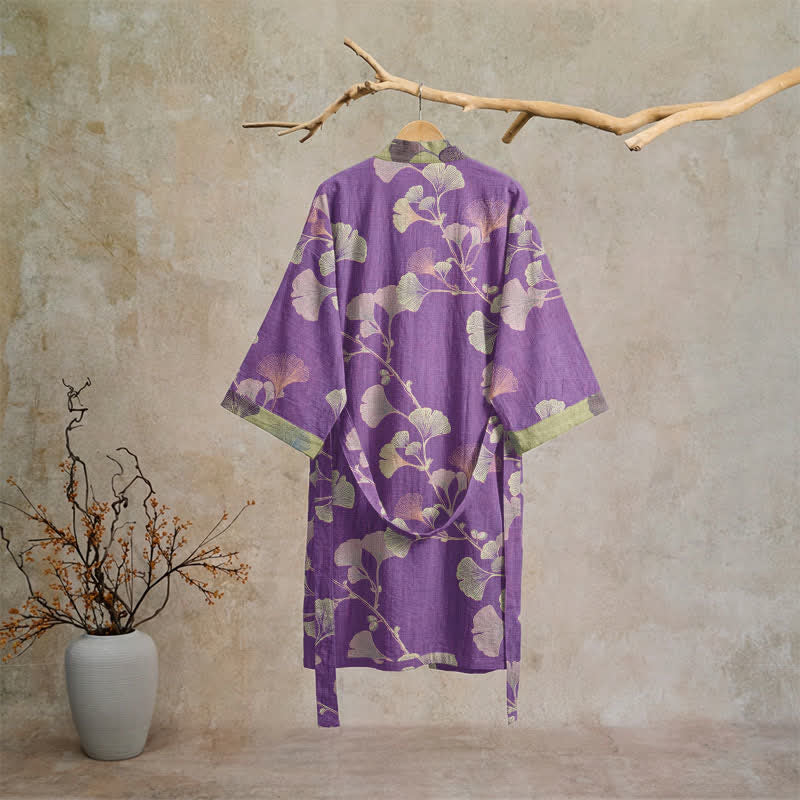 Retro Ginkgo Leaf Cotton Kimono Robe - image 1