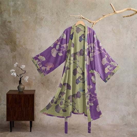 Retro Ginkgo Leaf Cotton Kimono Robe - Purple & Grass green - XL - image 0