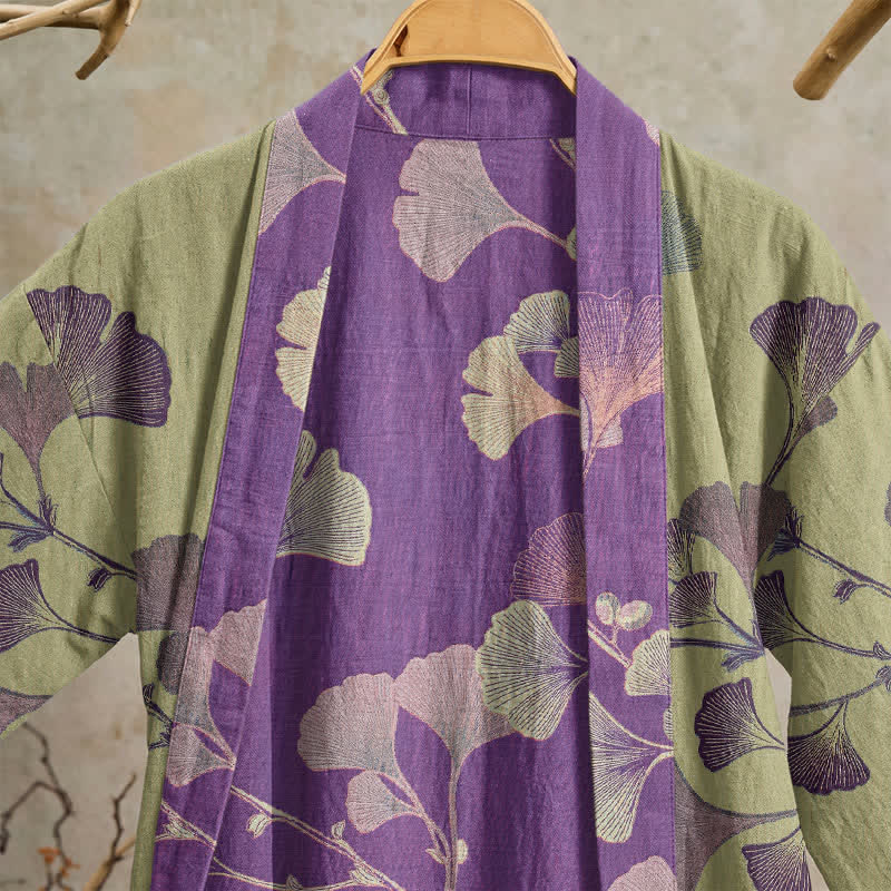 Retro Ginkgo Leaf Cotton Kimono Robe - image 31
