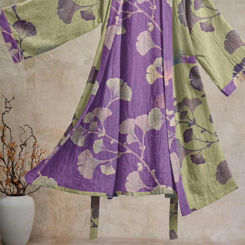 Retro Ginkgo Leaf Cotton Kimono Robe - image 30