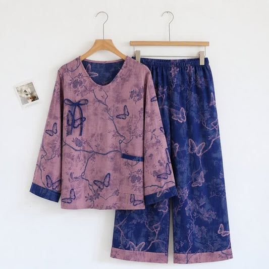 Retro Purple Butterfly Floral Cotton Loungewear Set - Purple - XL - image 0