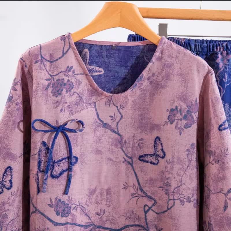 Retro Purple Butterfly Floral Cotton Loungewear Set - image 3