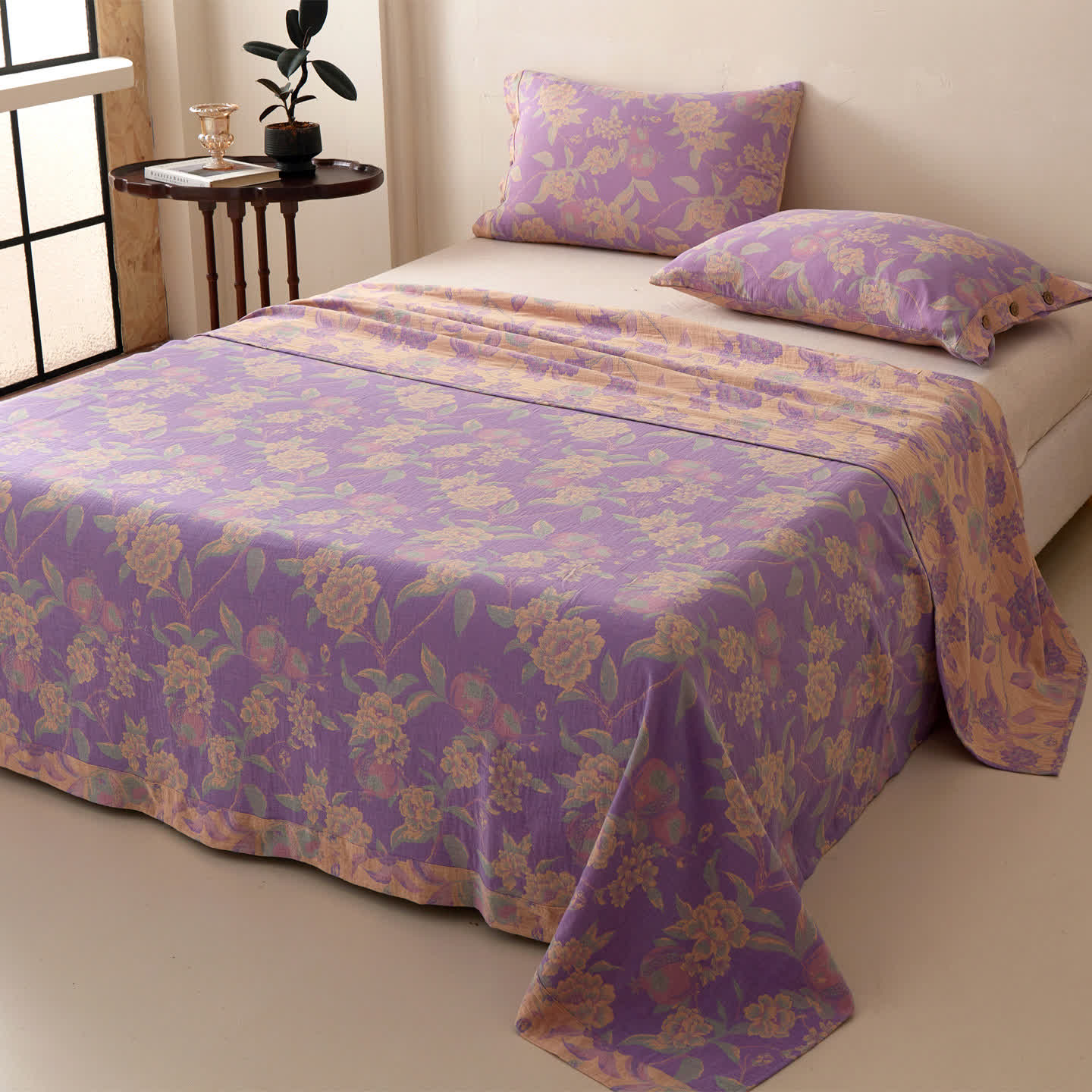 Vinatge Floral Muslin Coverlet Bedspread - Purple - 2PCS Pillowcases - 19" x 29" - image 0