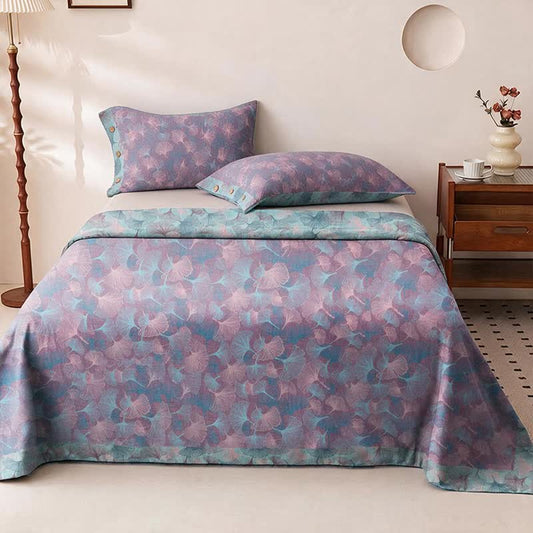 Muted Vintage Ginkgo Leaf Cotton Bedding Set - Purple - Bedspread with 2PCS Pillowcases - King - image 0