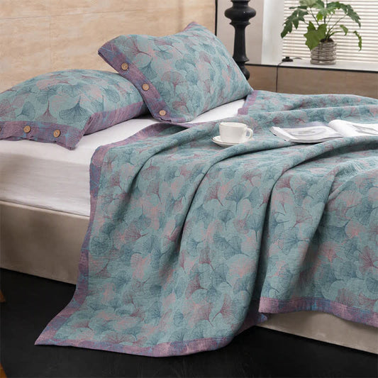 Muted Vintage Ginkgo Leaf Cotton Bedding Set - Blue - Bedspread with 2PCS Pillowcases - King - image 0