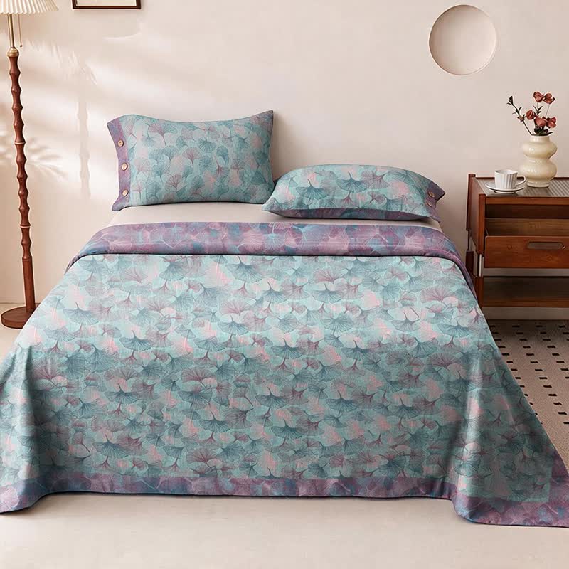 Muted Vintage Ginkgo Leaf Cotton Bedding Set - Blue - Bedspread with 2PCS Pillowcases - King - image 3