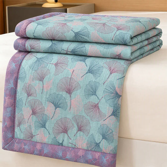 Retro Botanical Ginkgo Leaf Cotton Blanket - Blue - 90" x 92" - image 0