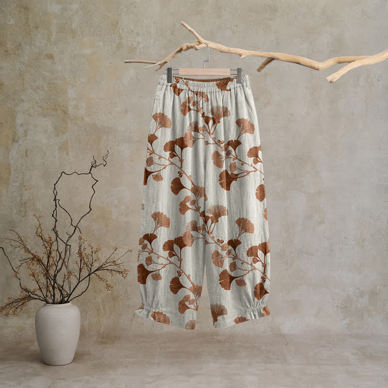 Beige Base Rust Ginkgo Leaf Pattern Cotton Lounge Pants - image 1