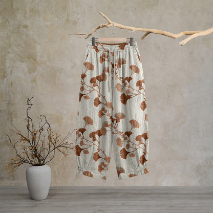Beige Base Rust Ginkgo Leaf Pattern Cotton Lounge Pants - Beige - XL - image 0